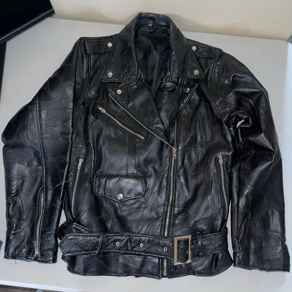 Black men’s moto embroidery eagle and flag Leather Biker Jacket - Picture 1 of 10